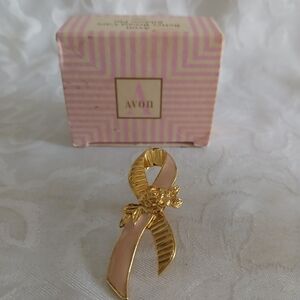 Avon Gold and Pink Floral Ribbon Brooch